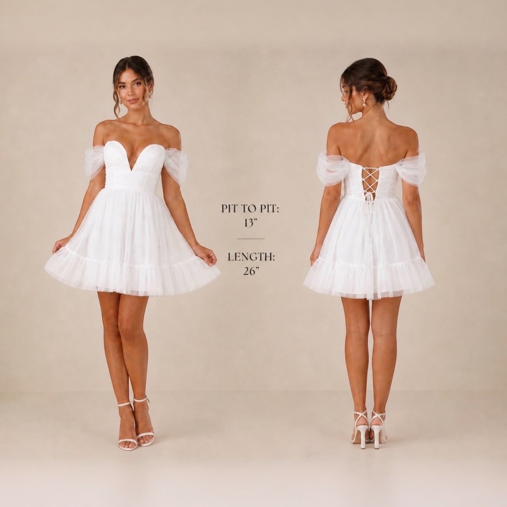 NWT Selfie Leslie White Tulle OffShoulder Corset Back Mini Dress S Bridal Ruffle